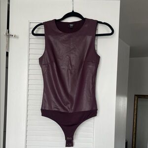 Faux Leather Sleeveless Bodysuit in Deep Plum